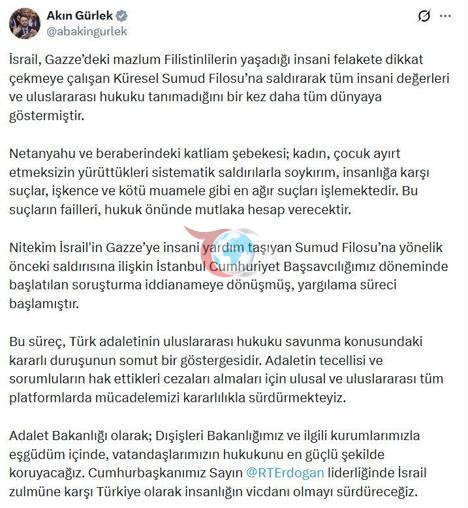 Bakan Gürlek: İsrail, uluslararası hukuku tanımadığını bir kez daha göstermiştir