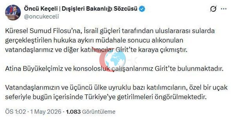 Dışişleri Bakanlığı: Sumud Filosunda alıkonulan vatandaşlarımız bugün yurda getirilecek