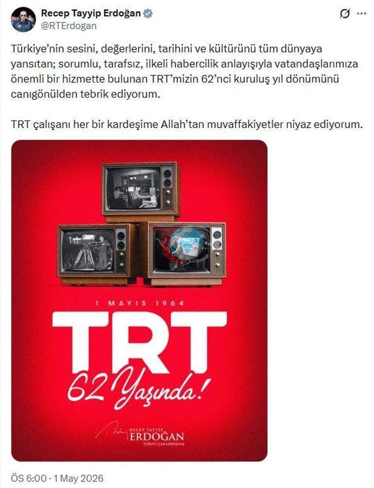 Cumhurbaşkanı Erdoğan: TRTmizin 62nci kuruluş yıl dönümünü tebrik ediyorum