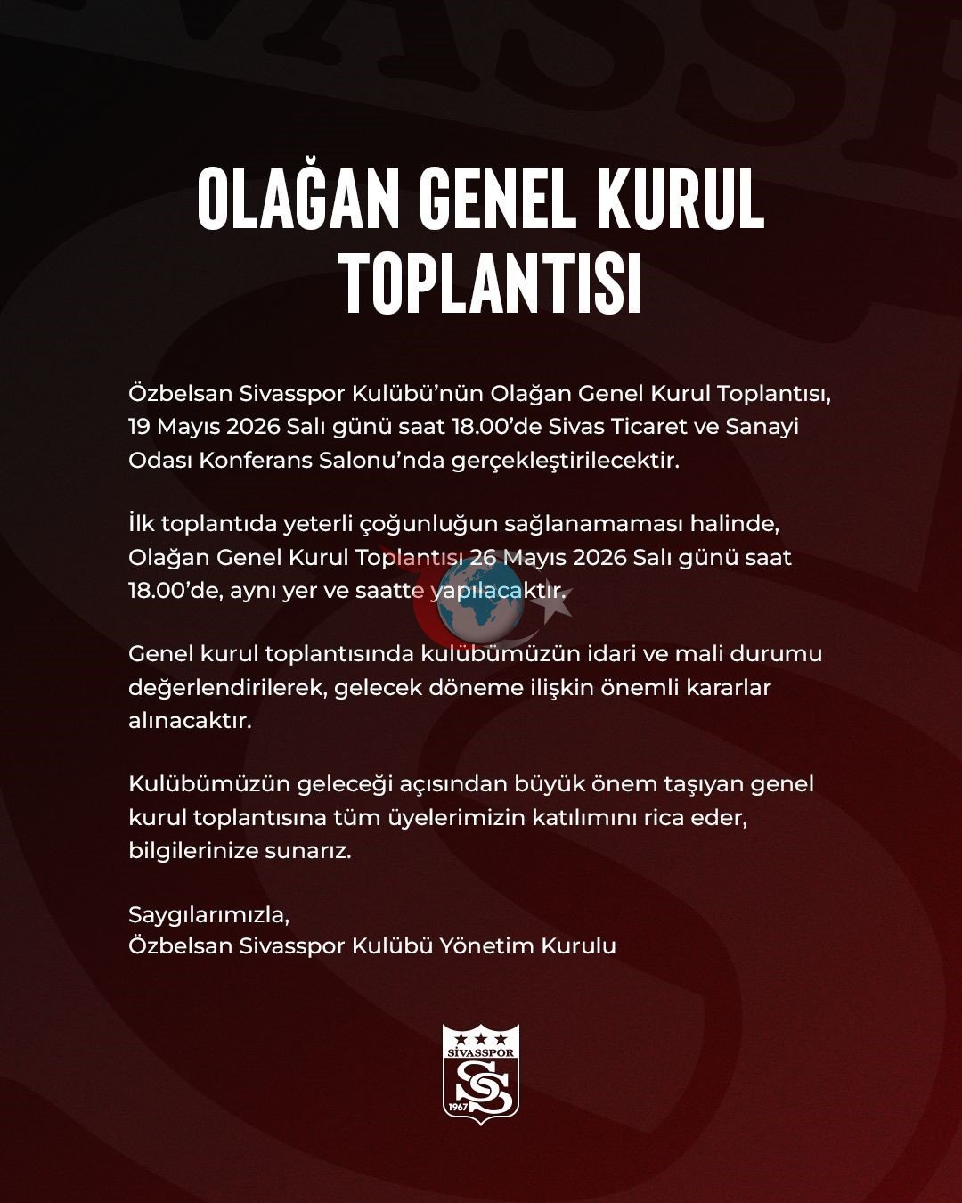 Sivasspor Kulübü Genel Kurul İçin Tarih Belirledi