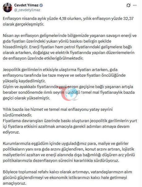 Cumhurbaşkanı Yardımcısı Yılmaz: Dezenflasyon sürecini kararlılıkla sürdürüyoruz