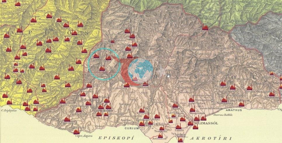 Mavi şeritle çember içine alınan alanda 3 caminin olduğu görülüyor.