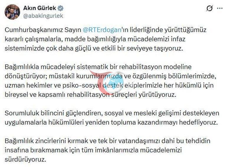 Bakan Gürlek: Bağımlılıkla mücadeleyi sistematik bir rehabilitasyon modeline dönüştürüyoruz