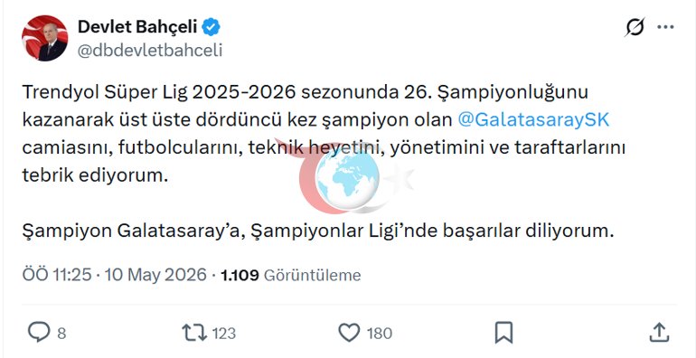 MHP Lideri Bahçeli’den şampiyon Galatasaraya tebrik mesajı