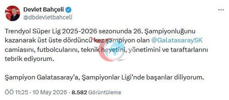 Bahçeli’den Galatasaray’a tebrik mesajı