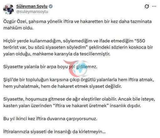 AKP-dən Soylu: Özgür Özəl növbəti dəfə təzminat ödəməli olub.