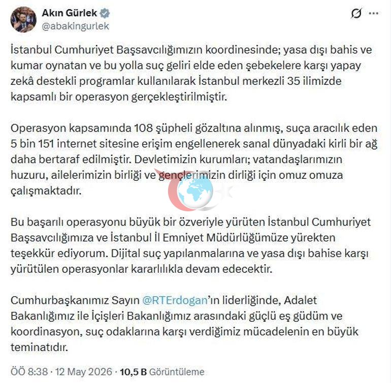 Bakan Gürlek: Dijital suç yapılanmalarına karşı yürütülen operasyonlar kararlılıkla devam edecek