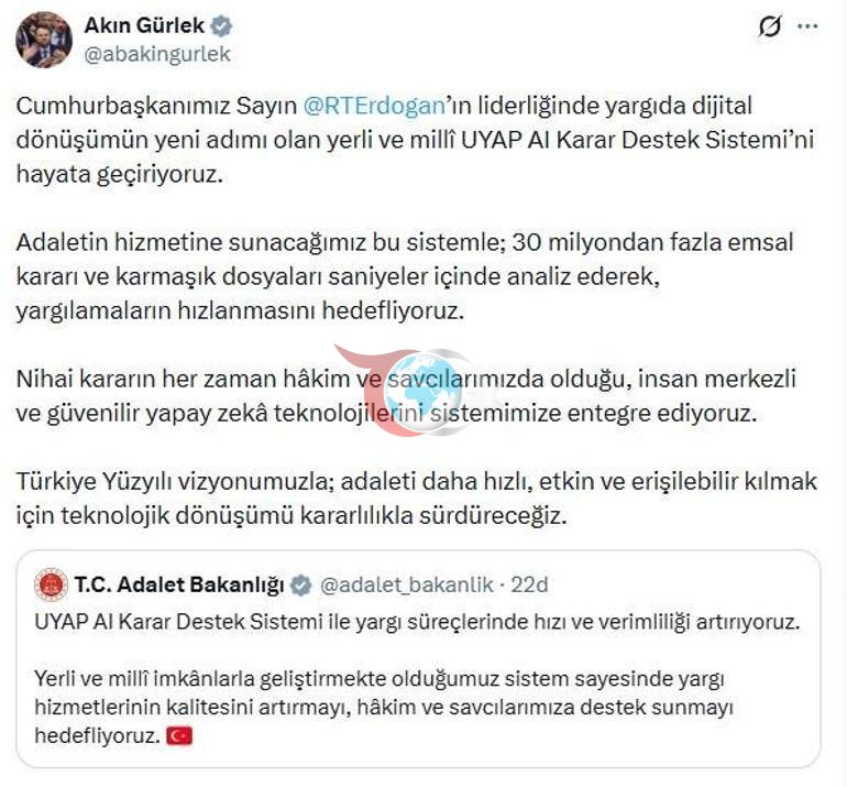 Bakan Gürlek: UYAP Al Karar Destek Sistemini hayata geçiriyoruz