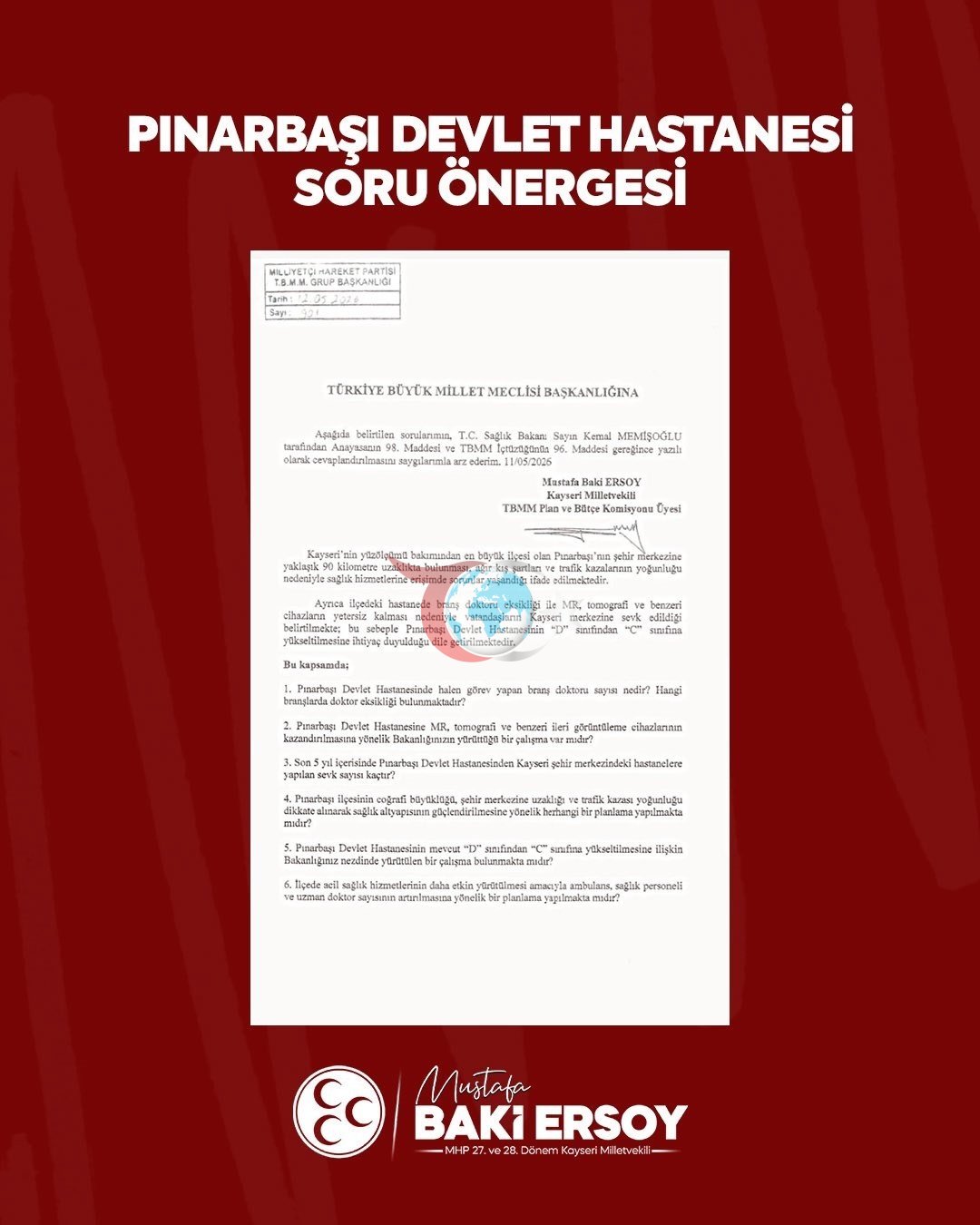 MHP'li Ersoy, Pınarbaşı'nın Sağlık Sorunlarını TBMM'ye Taşıdı