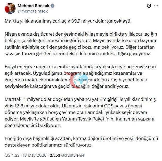 Bakan Şimşekten cari açık değerlendirmesi