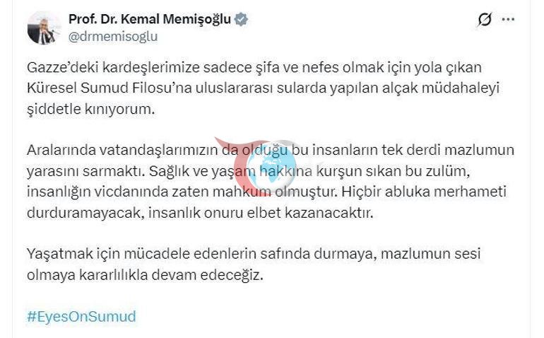 Bakan Memişoğlu: Küresel Sumud Filosuna yapılan alçak müdahaleyi şiddetle kınıyorum