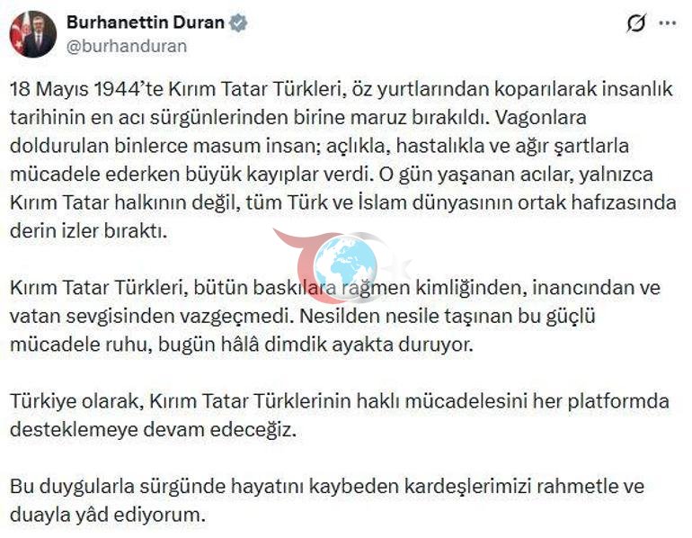 İletişim Başkanı Duran: Kırım Tatar Türklerinin haklı mücadelesini desteklemeye devam edeceğiz