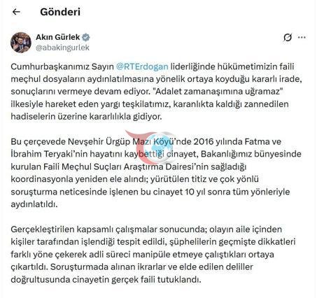 Bakan Gürlek: Nevşehirdeki çifte cinayet 10 yıl sonra aydınlatıldı