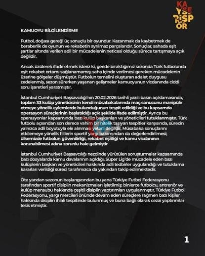 Kayserispor’dan ligin tesciline yönelik açıklama
