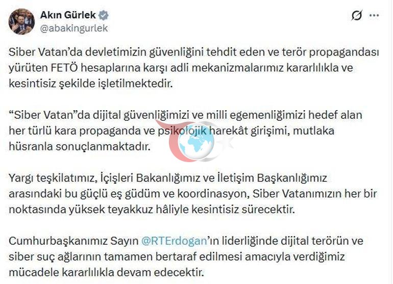 Bakan Gürlek: FETÖ hesaplarına karşı adli mekanizmalarımız kesintisiz işletilmektedir