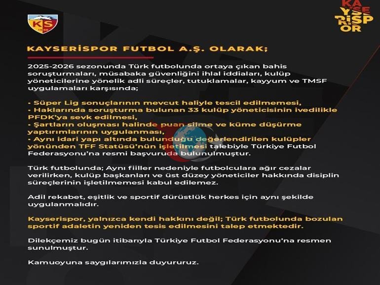 Kayserispor, Süper Lig sonuçlarının mevcut haliyle tescil edilmemesi için TFF’ye başvurdu