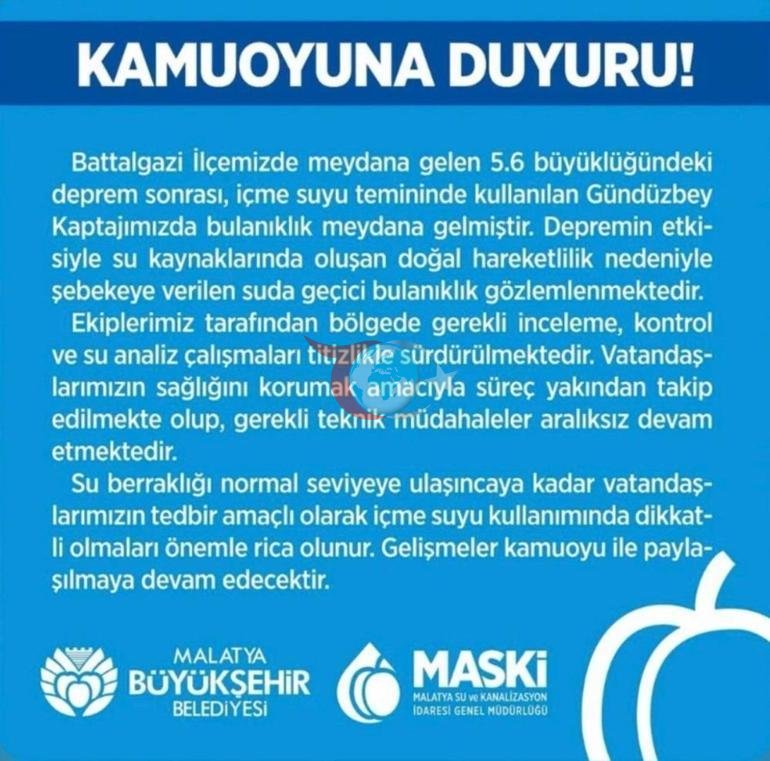 Malatyada 5,6 bal gücündə zəlzələdən sonra vətəndaşlara içməli su xəbərdarlığı