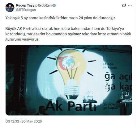 Cumhurbaşkanı Erdoğandan AK Parti iktidarının 24üncü yılı paylaşımı