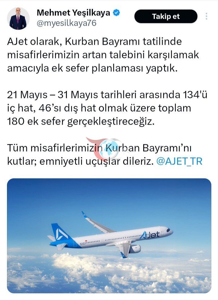 AJet bayram tatili için 180 ilave sefer planladı