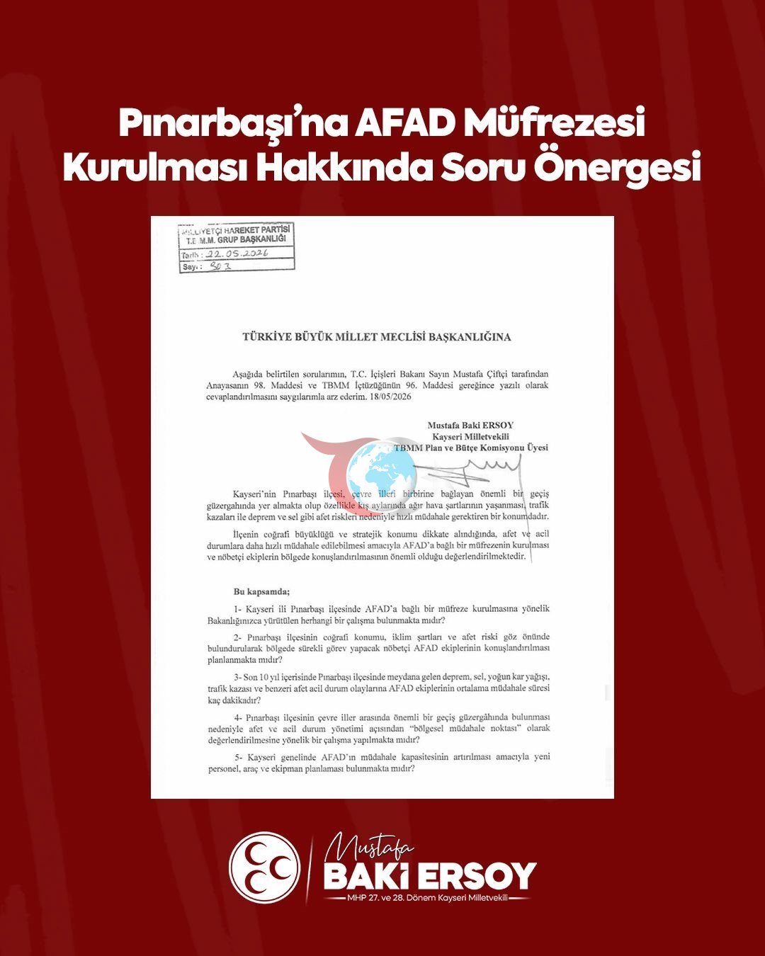 Pınarbaşı'na AFAD Müfrezesi Kurulması Talebi TBMM'de Gündemde