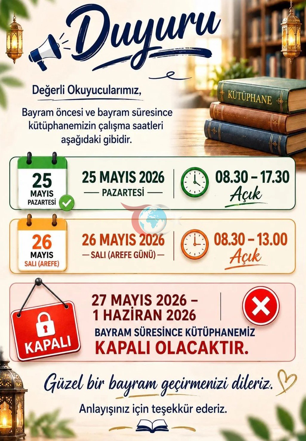 Sinop kitaphanasy dynç alyşda ýapylýar: Iş wagty barada bildiriş