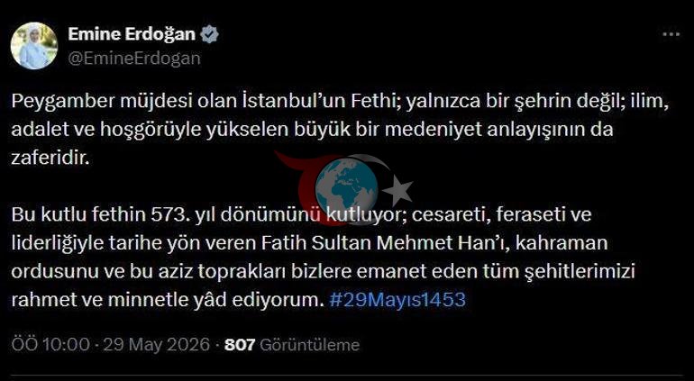 Emine Erdoğan, İstanbulun fethinin 573üncü yıl dönümünü kutladı