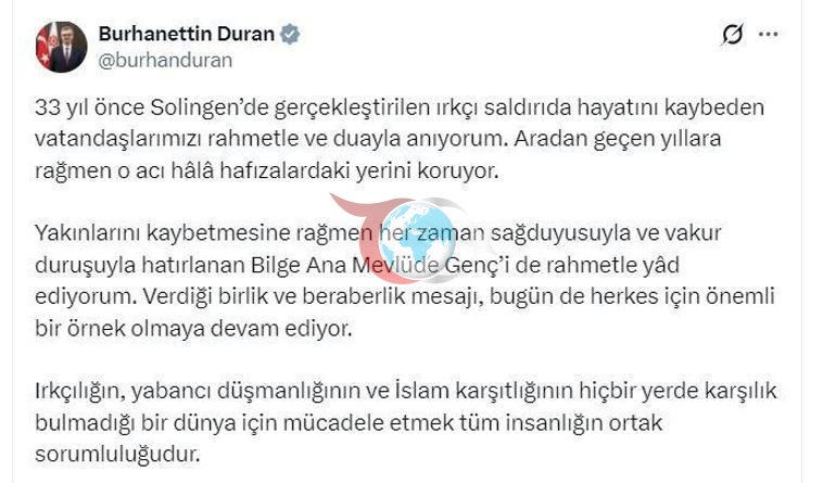 İletişim Başkanı Duran, Solingen faciasında yaşamını yitirenleri andı