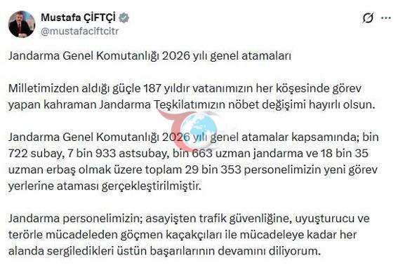 Jandarma Genel Komutanlฤฑฤฤฑnda 29 bin 353 personel, yeni gรถrev yerlerine atandฤฑ