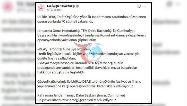 21 ilde DEAŞ operasyonu 70 şüpheli yakalandı