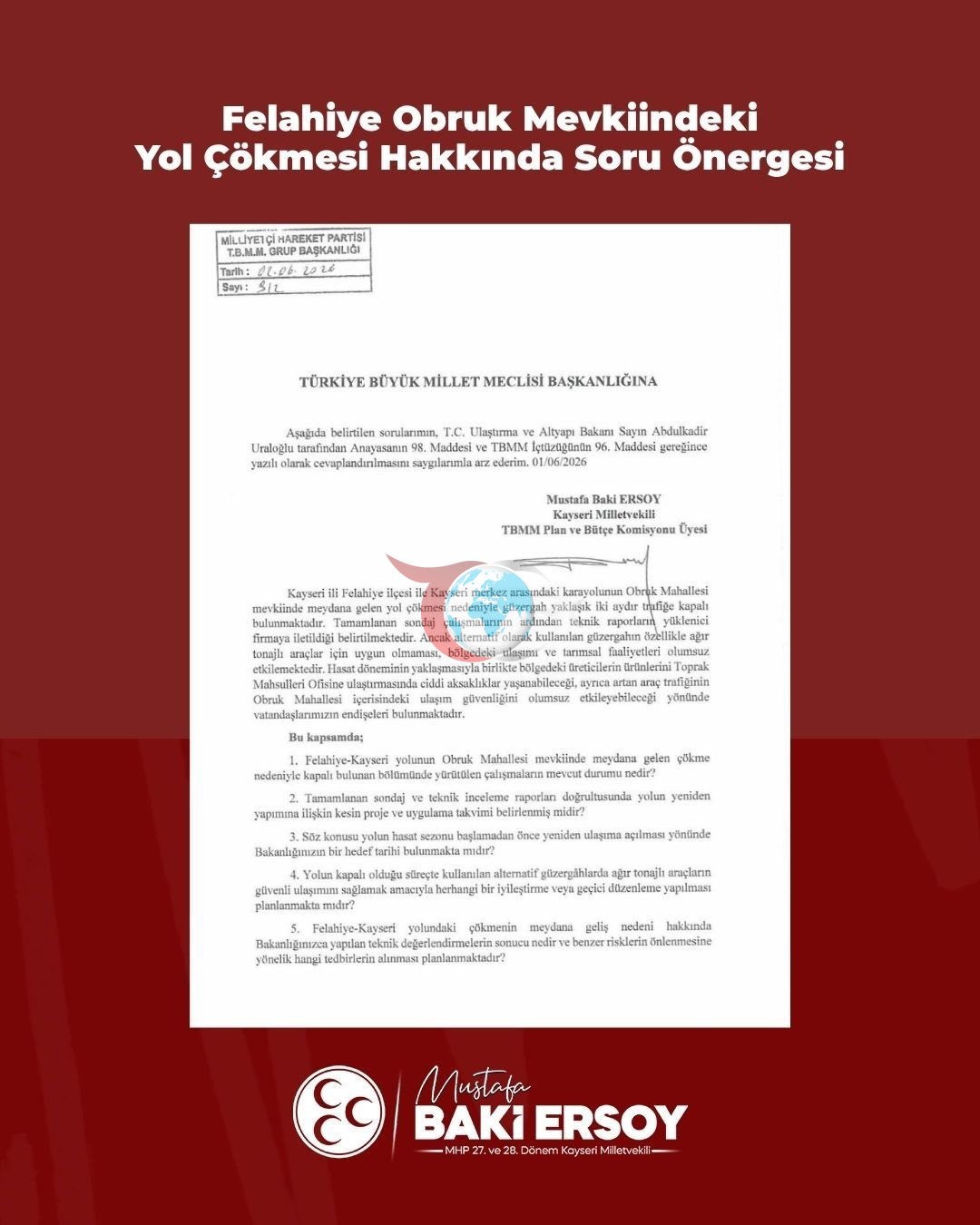 Baki Ersoy, Felahiye’de çöken yolu TBMM gündemine taşıdı