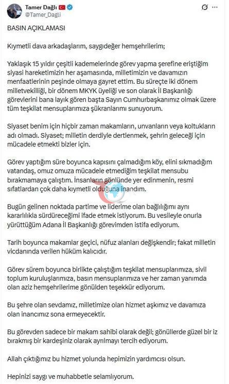 AK Parti Adana İl Başkanı Dağlı istifa etti