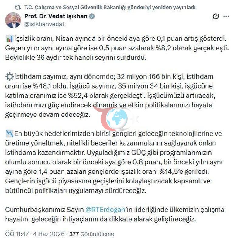 Bakan Işıkhan: İşsizlik 36 aydır tek haneli seyrini sürdürdü