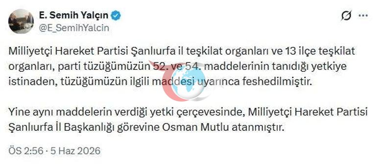 Son dakika...MHPnin Şanlıurfa il teşkilatı feshedildi
