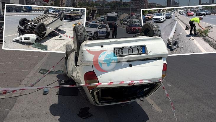 İstanbul'da Aydınlatma Direğine Çarpan Araç Takla Attı