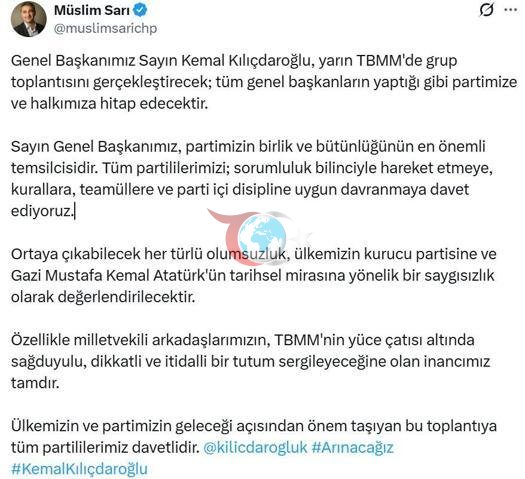 CHP Sözcüsü Sarı: Genel Başkanımız Kılıçdaroğlu, yarın grup toplantısını gerçekleştirecek
