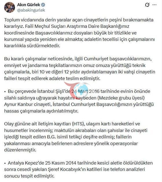 Bakan Gürlek: Aydınlatılamayan 2 cinayetin failleri yakalandı