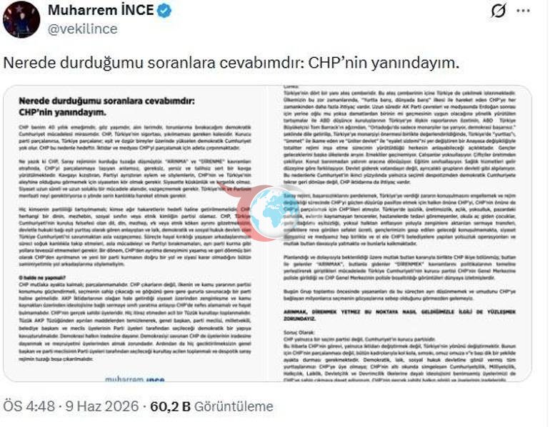 CHP-dəki konqres böhranı ilə bağlı Muharrem İncedenin açıqlaması