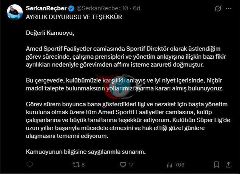 Amed Sportif Faaliyetlerde Serkan Reçberden ayrılık açıklaması
