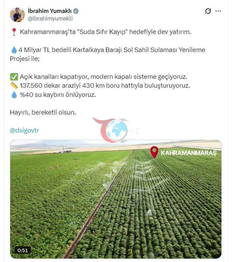 Kahramanmaraşa 4 milyard lirəlik suvarma yeniləmə layihəsi