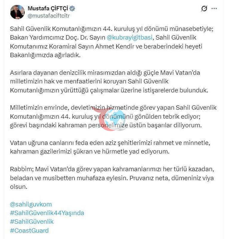Bakan Çiftçi, Sahil Güvenlik heyetini kabul etti
