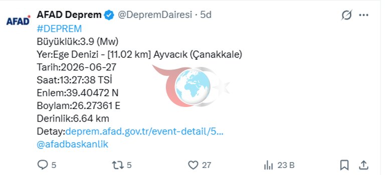 AFAD Чанаккаледе 3,9 балдық жер сілкінісін жариялады