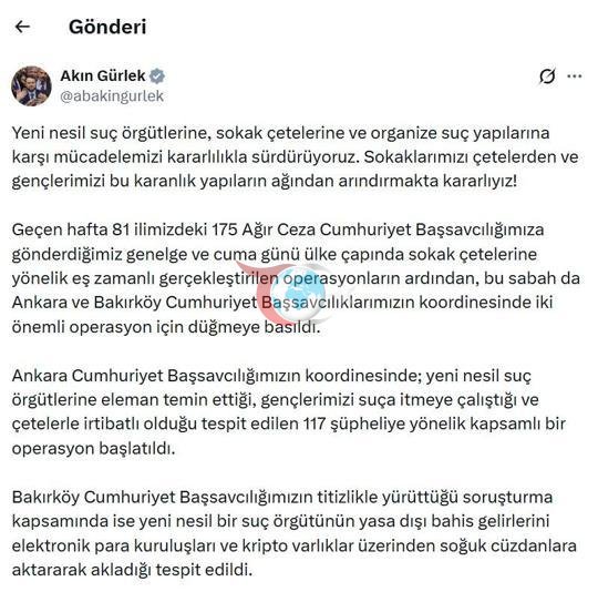 Bakan Gürlek: Çetelerin finansal şah damarlarını kökünden kesiyoruz