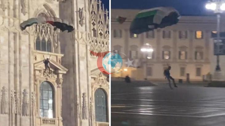 Milano Duomo Katedrali'nde Güvenlik Alarmı: Filistin Renklerindeki Paraşütle Tarihi Yapıdan Atladı