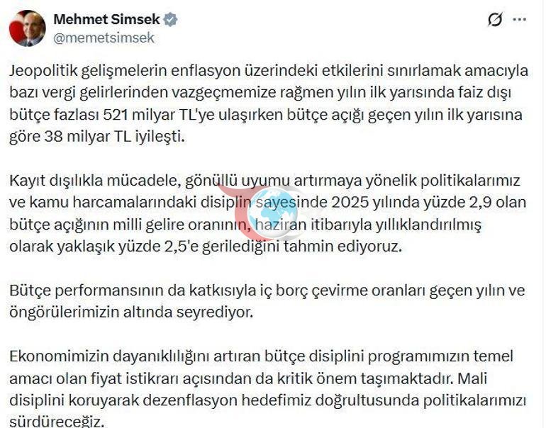 Nazir Şimşək: Büdcə kəsiri 38 milyard TL yaxşılaşdı