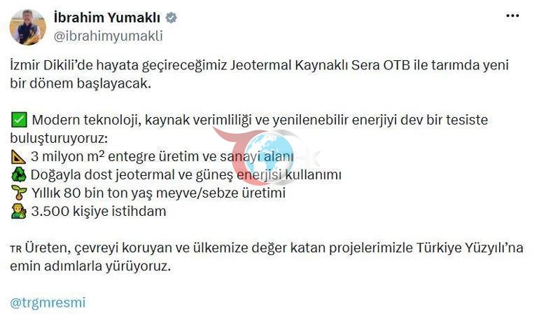 Bakan Yumaklı: Jeotermal Kaynaklı Sera OTB ile tarımda yeni bir dönem başlayacak