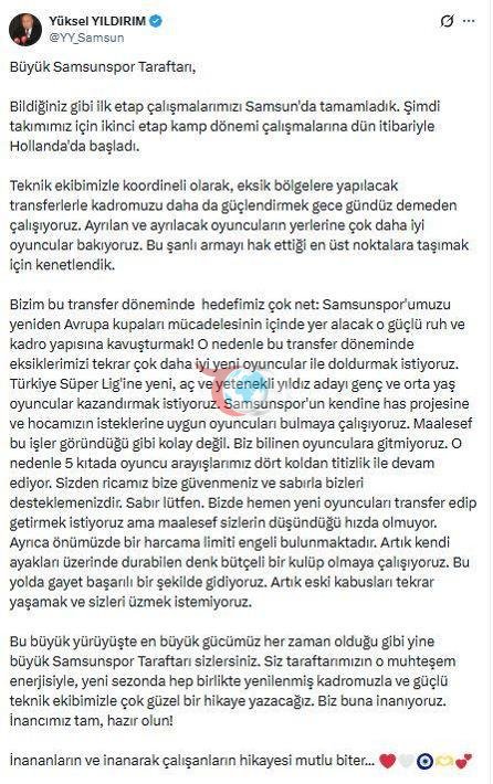 Yüksel Yıldırım: Hedefimiz Avrupa için mücadele eden Samsunspor