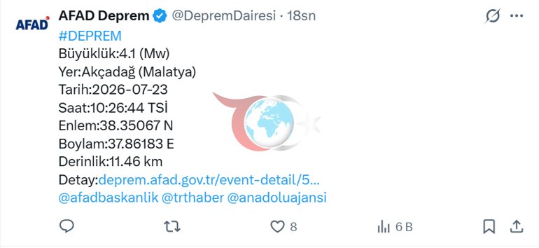 Täzelikler ... Malatýanyň Akçadağ etrabynda 4.1 ball ululykda ýer titremesi