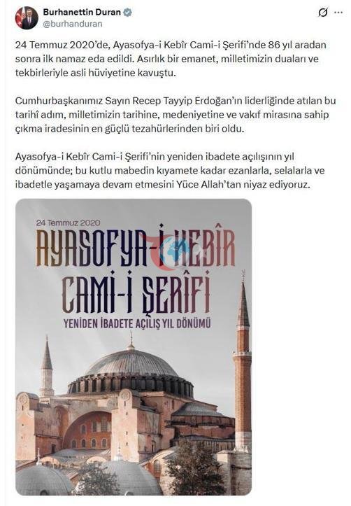 İletişim Başkanı Durandan Ayasofya paylaşımı