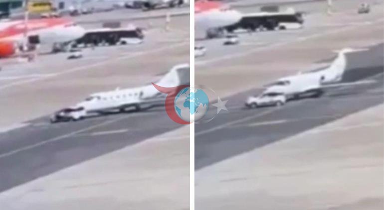 Havalimanında özel jetle araç çarpıştı Hava trafiği durduruldu