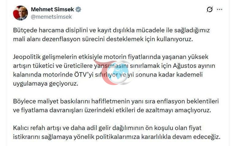 Bakan Şimşek: Ağustos ayının kalanında motorinde ÖTVyi sıfırlıyoruz